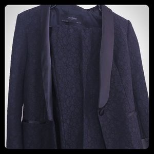 Zara navy and black floral tuxedo jacket and pants